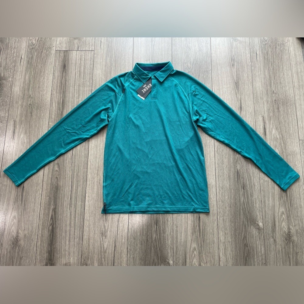 Rhone Teal Delta‎ Pique Long Sleeve Golf Polo Shirt Men's Small NWT Breathable